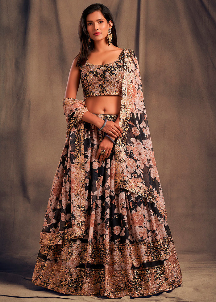 3 Pc Black Net Semi Stitched Lehenga Set - Indian Silk House Agencies