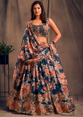 3 Pc Blue Net Semi Stitched Lehenga Set - Indian Silk House Agencies