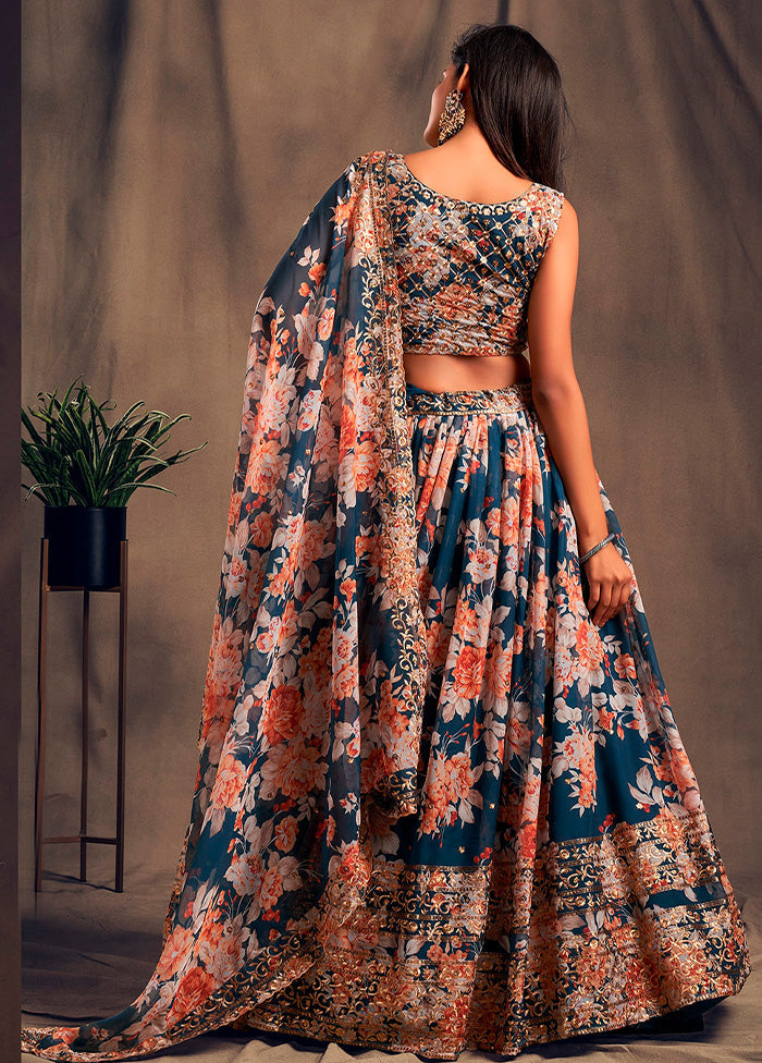 3 Pc Blue Net Semi Stitched Lehenga Set - Indian Silk House Agencies