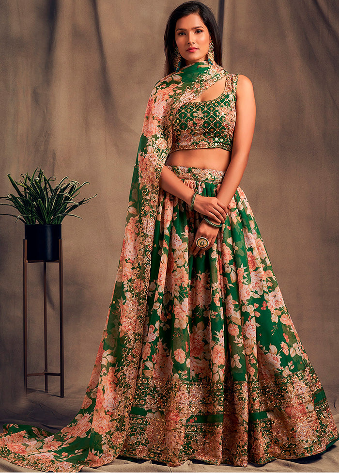 3 Pc Green Net Semi Stitched Lehenga Set - Indian Silk House Agencies