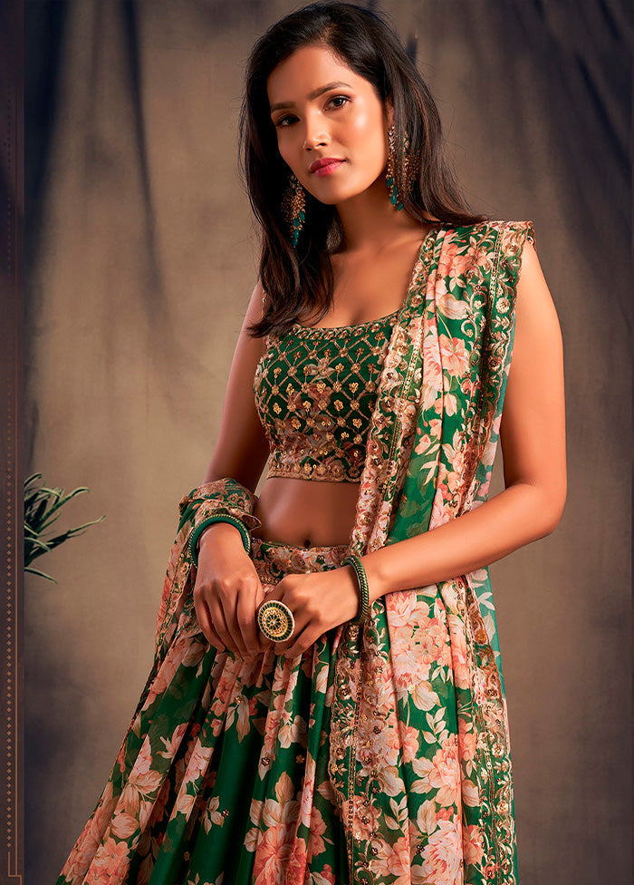 3 Pc Green Net Semi Stitched Lehenga Set - Indian Silk House Agencies