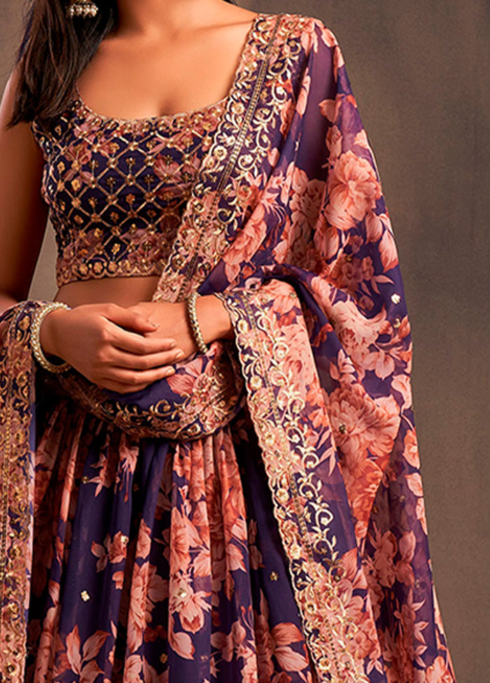 3 Pc Purple Net Semi Stitched Lehenga Set - Indian Silk House Agencies