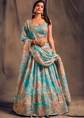 3 Pc Sky Blue Net Semi Stitched Lehenga Set - Indian Silk House Agencies