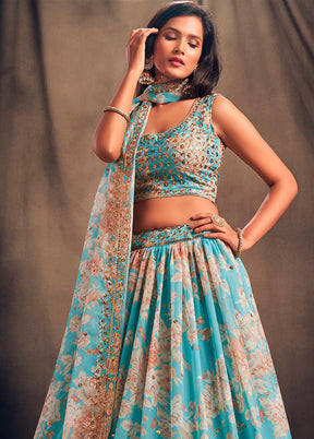 3 Pc Sky Blue Net Semi Stitched Lehenga Set - Indian Silk House Agencies