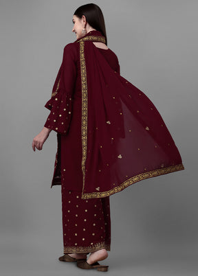 3 Pc Maroon Unstitched Georgette Suit Set - Indian Silk House Agencies