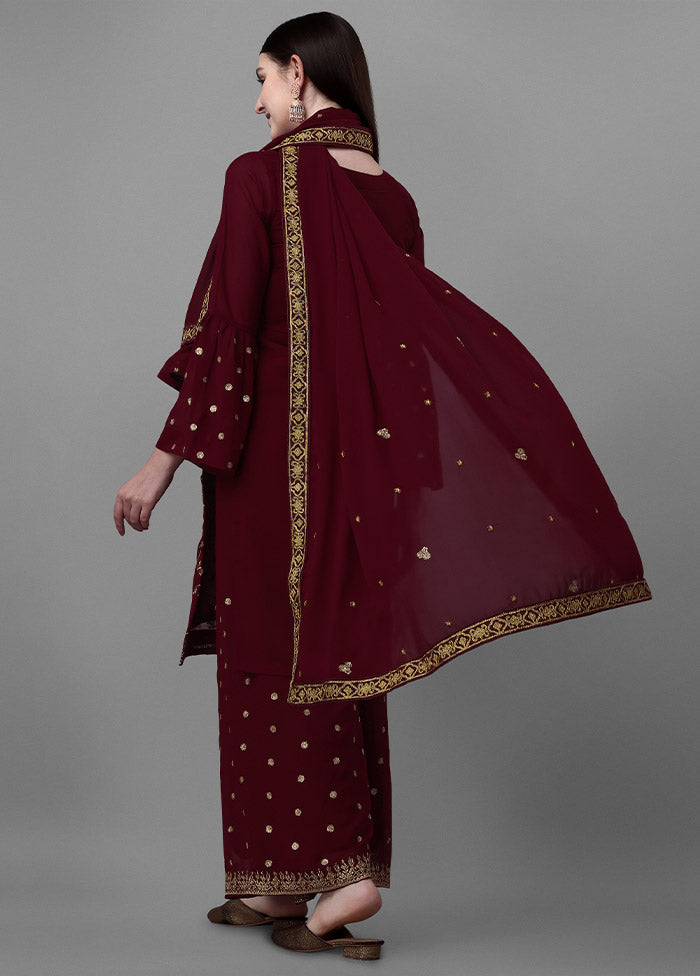 3 Pc Maroon Unstitched Georgette Suit Set - Indian Silk House Agencies