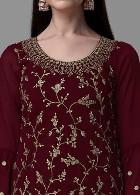 3 Pc Maroon Unstitched Georgette Suit Set - Indian Silk House Agencies