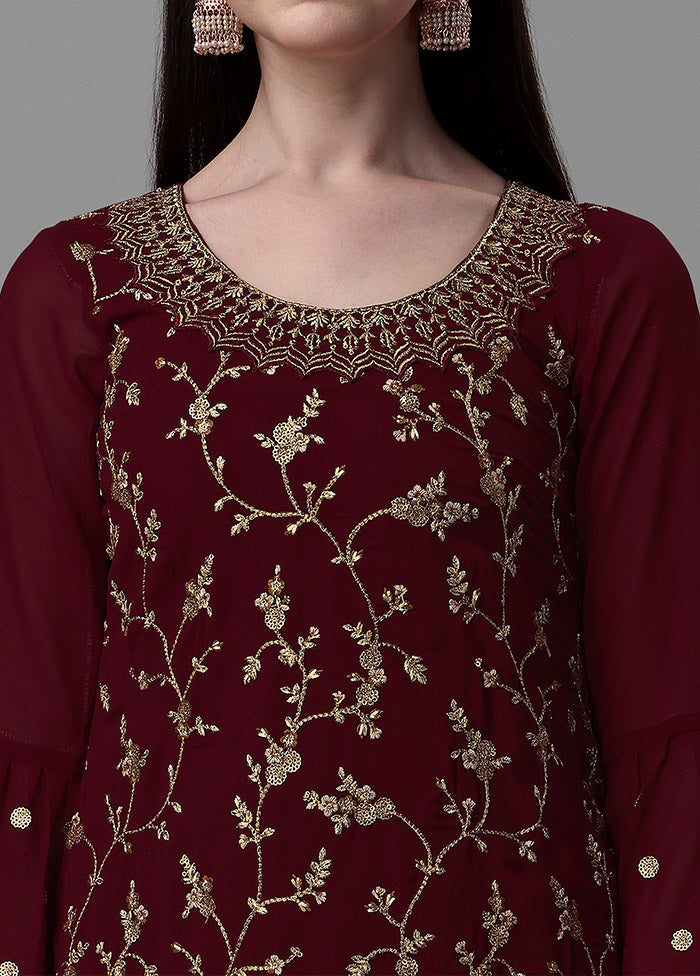 3 Pc Maroon Unstitched Georgette Suit Set - Indian Silk House Agencies