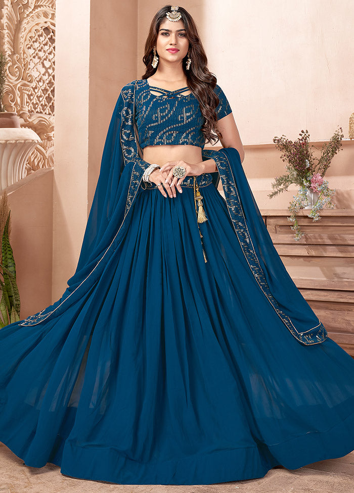 3 Pc Blue Georgette Semi Stitched Lehenga Set - Indian Silk House Agencies