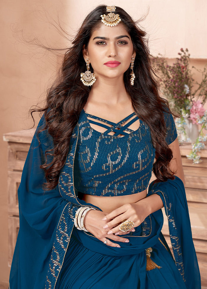 3 Pc Blue Georgette Semi Stitched Lehenga Set - Indian Silk House Agencies