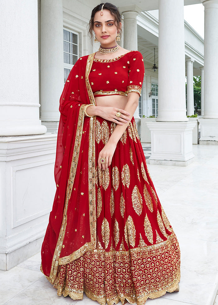 3 Pc Red Georgette Semi Stitched Lehenga Set - Indian Silk House Agencies