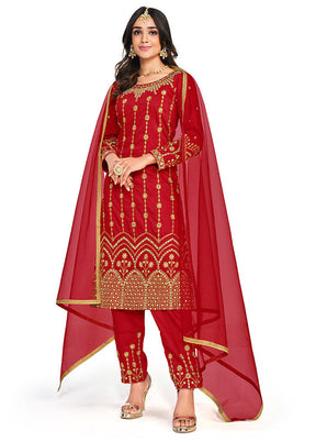 3 Pc Red Unstitched Silk Suit Set - Indian Silk House Agencies