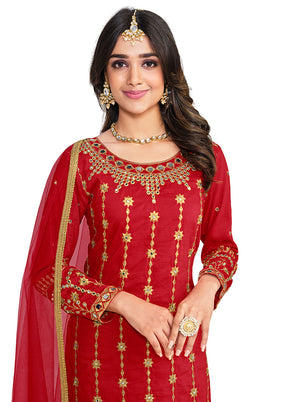 3 Pc Red Unstitched Silk Suit Set - Indian Silk House Agencies