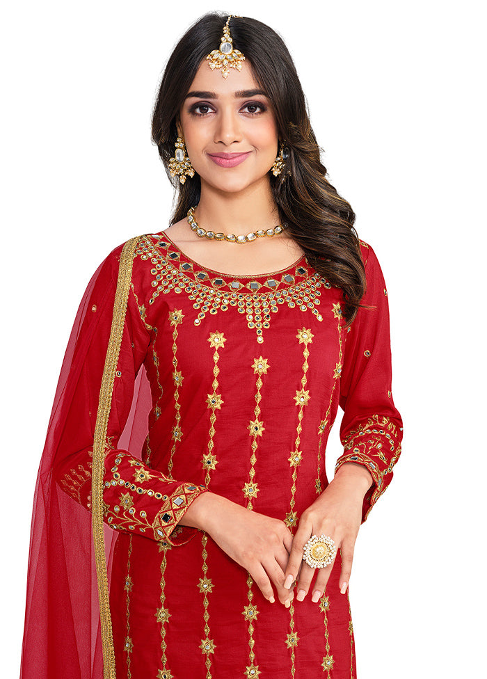 3 Pc Red Unstitched Silk Suit Set - Indian Silk House Agencies