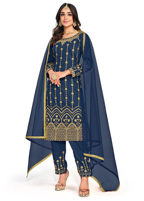 3 Pc Blue Unstitched Silk Suit Set - Indian Silk House Agencies