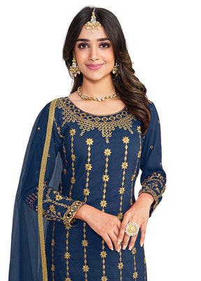 3 Pc Blue Unstitched Silk Suit Set - Indian Silk House Agencies