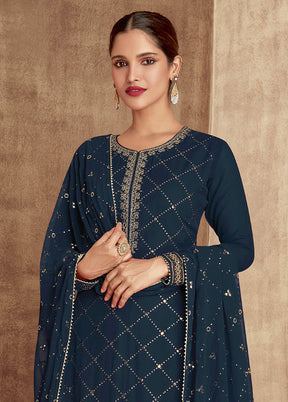 3 Pc Blue Unstitched Georgette Suit Set - Indian Silk House Agencies