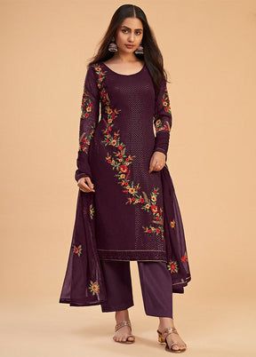 3 Pc Wine Semi Stitched Georgette Suit Set - Indian Silk House Agencies