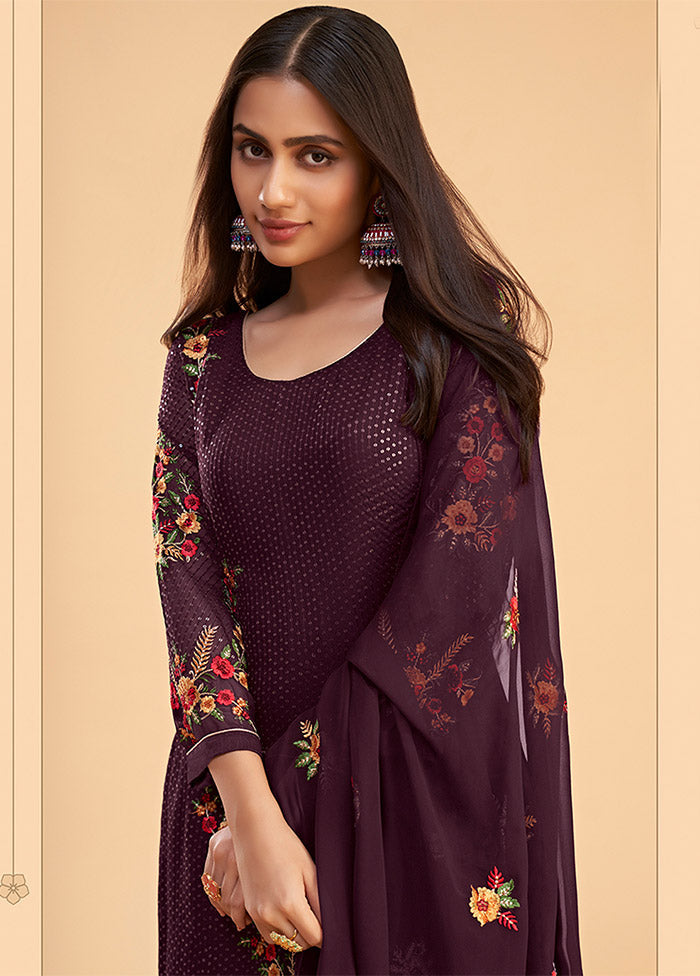 3 Pc Wine Semi Stitched Georgette Suit Set - Indian Silk House Agencies