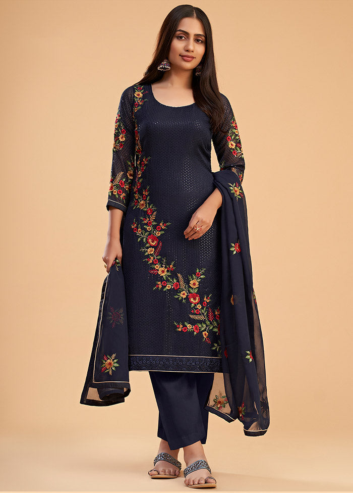 3 Pc Blue Semi Stitched Georgette Suit Set - Indian Silk House Agencies