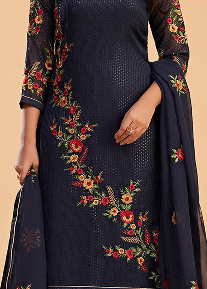 3 Pc Blue Semi Stitched Georgette Suit Set - Indian Silk House Agencies