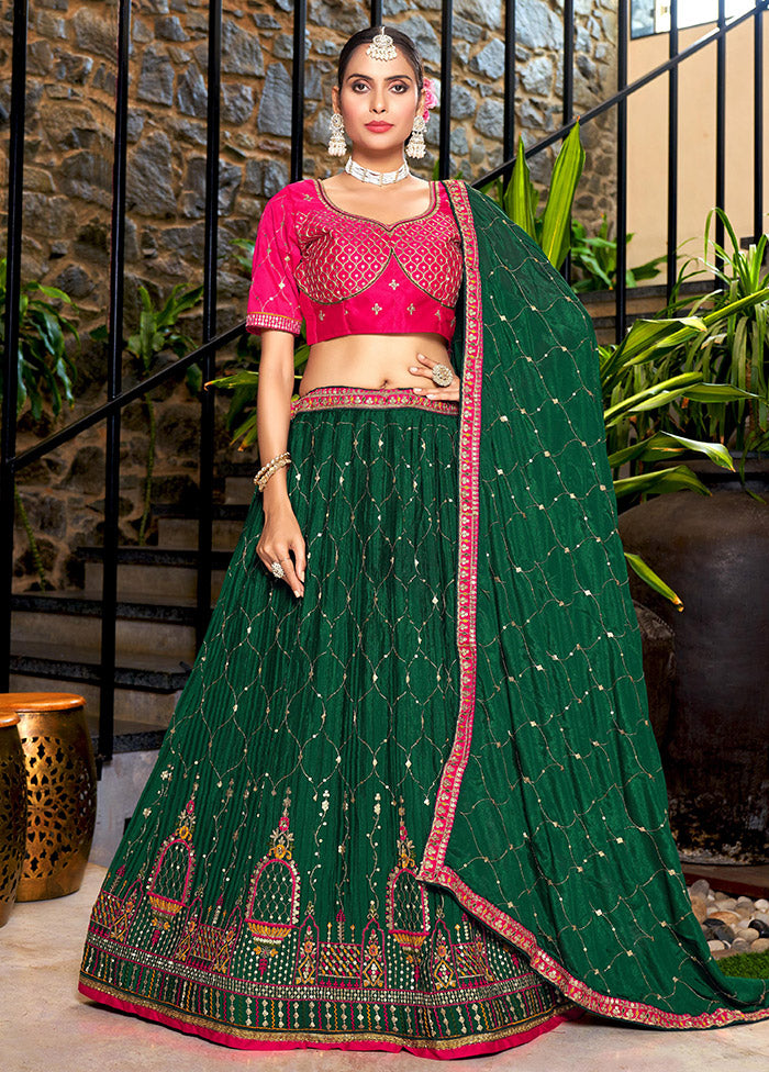 3 Pc Green Silk Semi Stitched Lehenga Set - Indian Silk House Agencies