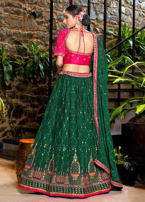 3 Pc Green Silk Semi Stitched Lehenga Set - Indian Silk House Agencies