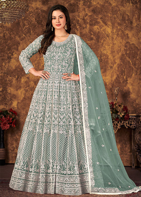 Green Semi Stitched Net Indian Dress