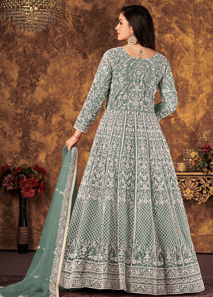 Green Semi Stitched Net Indian Dress