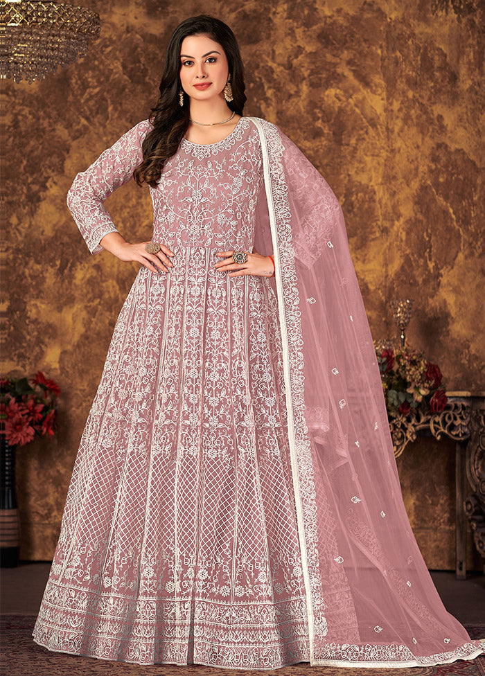 Pink Semi Stitched Net Indian Dress
