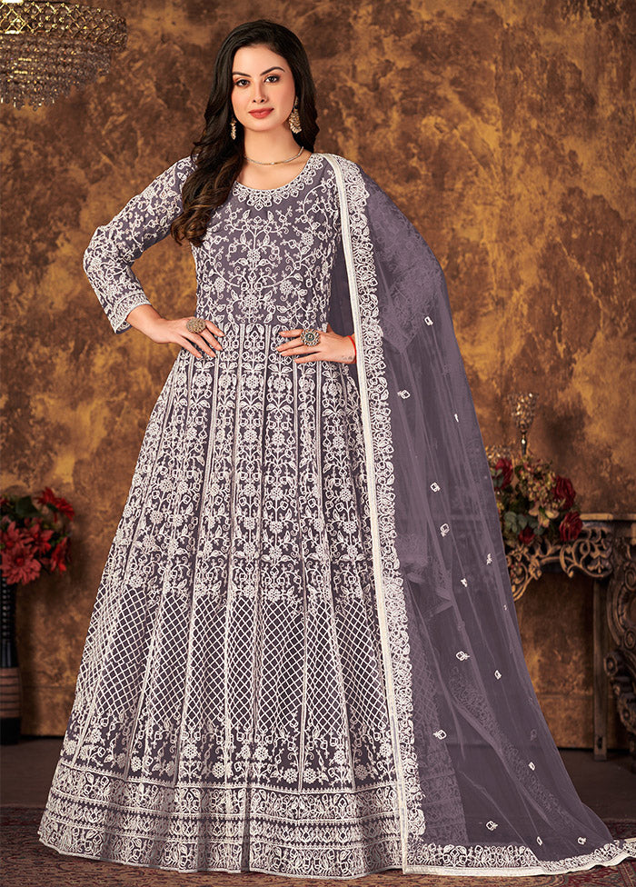 Purple Semi Stitched Net Indian Dress