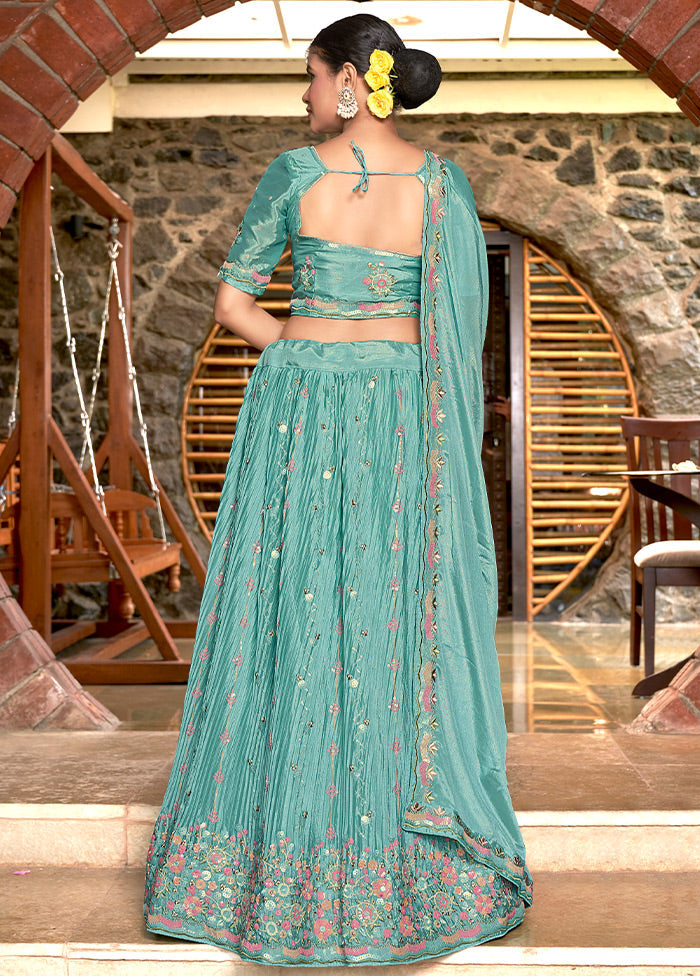 3 Pc Sky Blue Silk Semi Stitched Lehenga Set - Indian Silk House Agencies