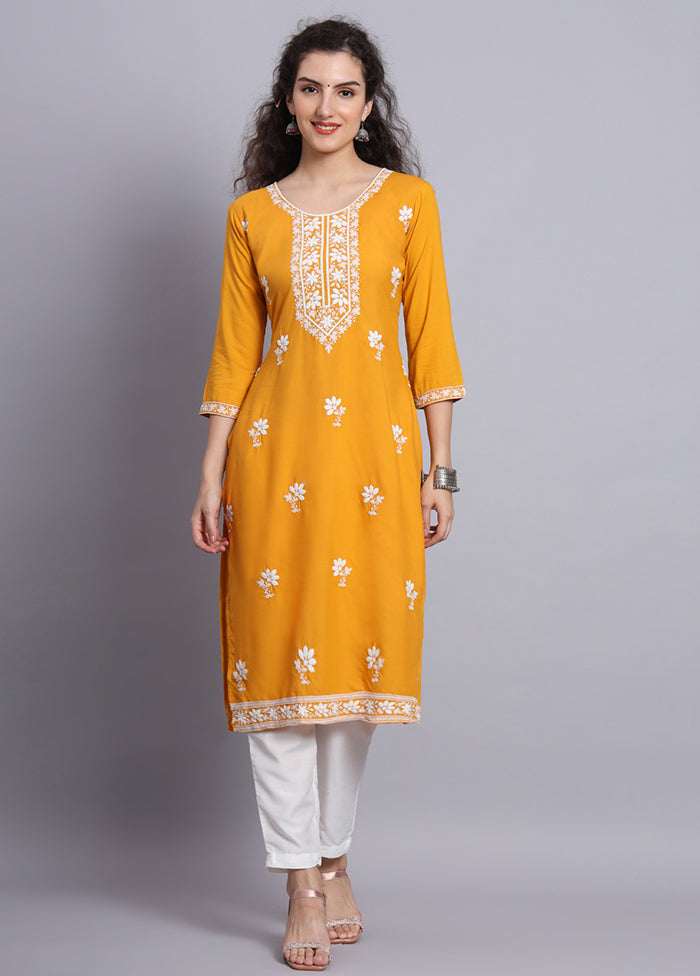 Yellow Readymade Rayon Chikankari Kurti - Indian Silk House Agencies