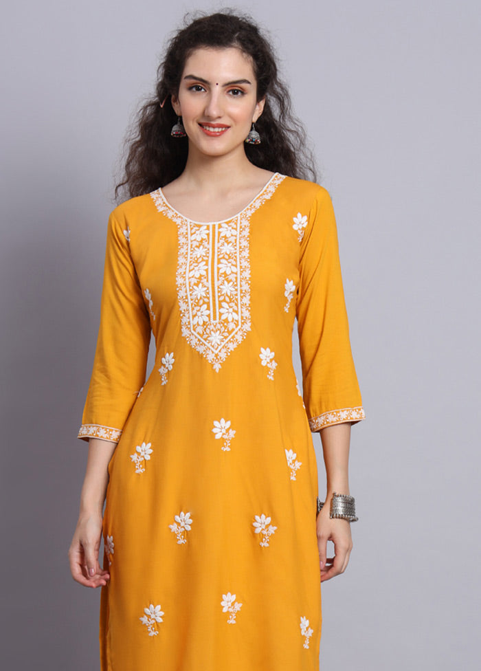 Yellow Readymade Rayon Chikankari Kurti - Indian Silk House Agencies