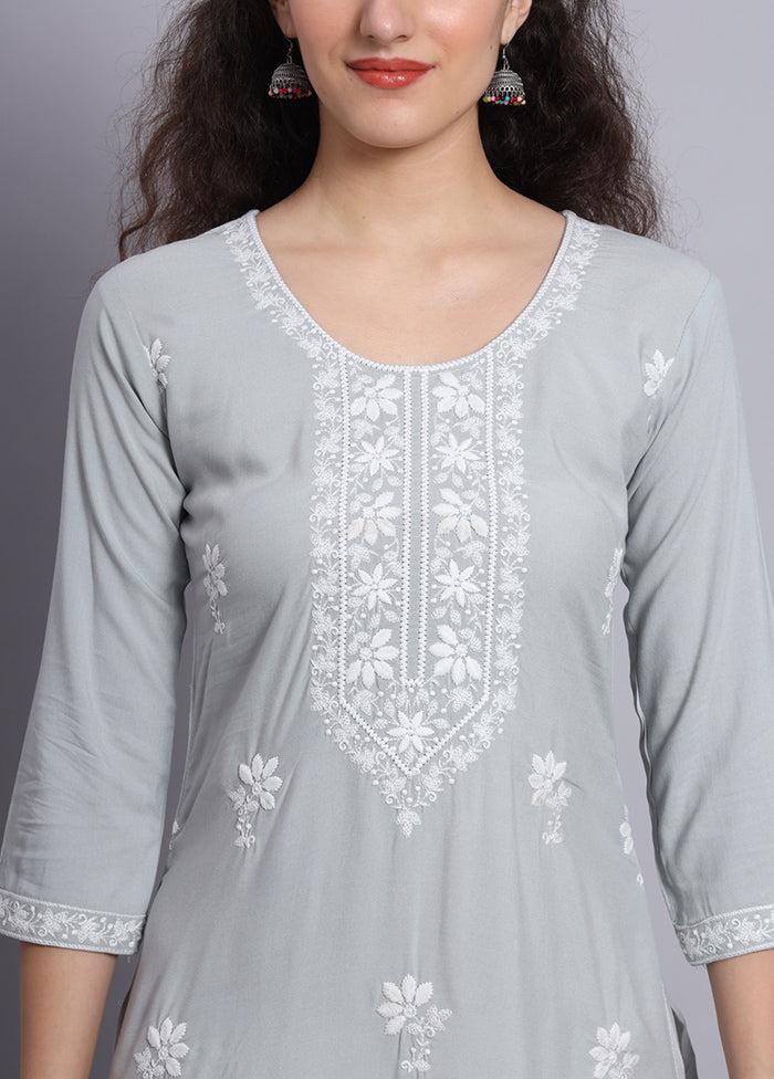 Grey Readymade Rayon Chikankari Kurti - Indian Silk House Agencies