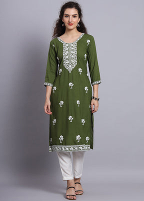 Green Readymade Rayon Chikankari Kurti - Indian Silk House Agencies