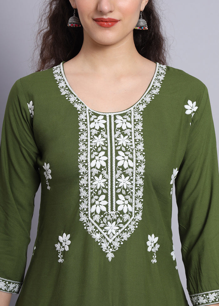 Green Readymade Rayon Chikankari Kurti - Indian Silk House Agencies