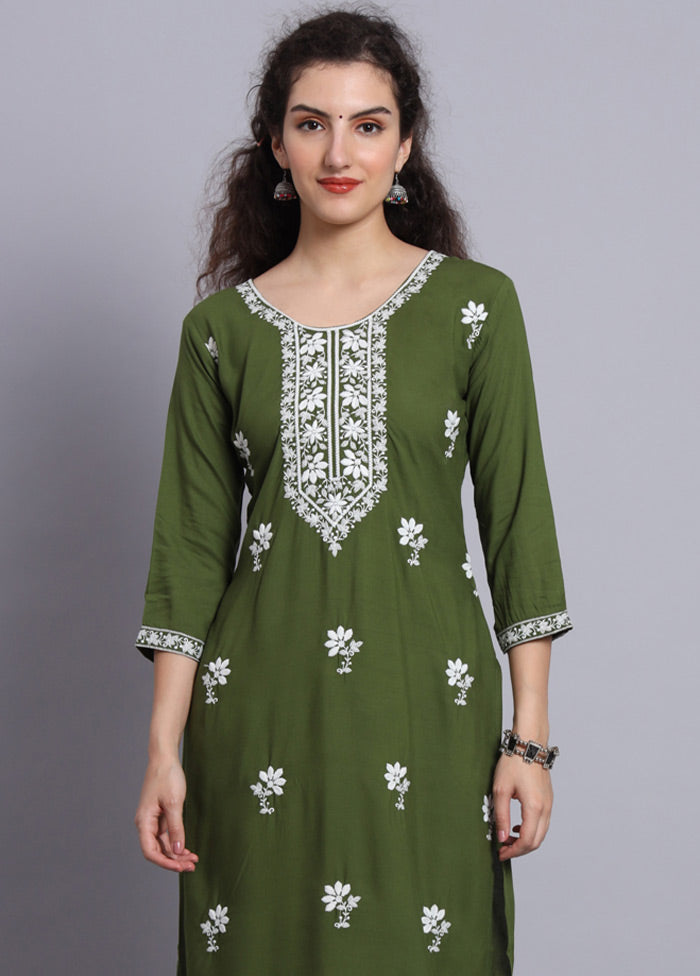 Green Readymade Rayon Chikankari Kurti - Indian Silk House Agencies