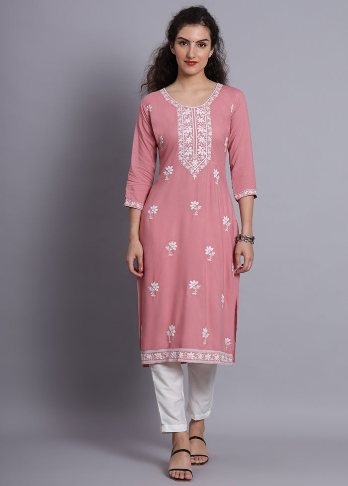 Pink Readymade Rayon Chikankari Kurti - Indian Silk House Agencies