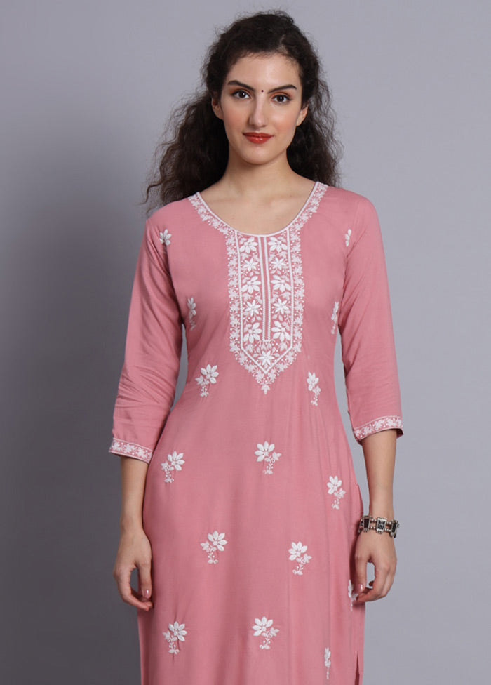 Pink Readymade Rayon Chikankari Kurti - Indian Silk House Agencies