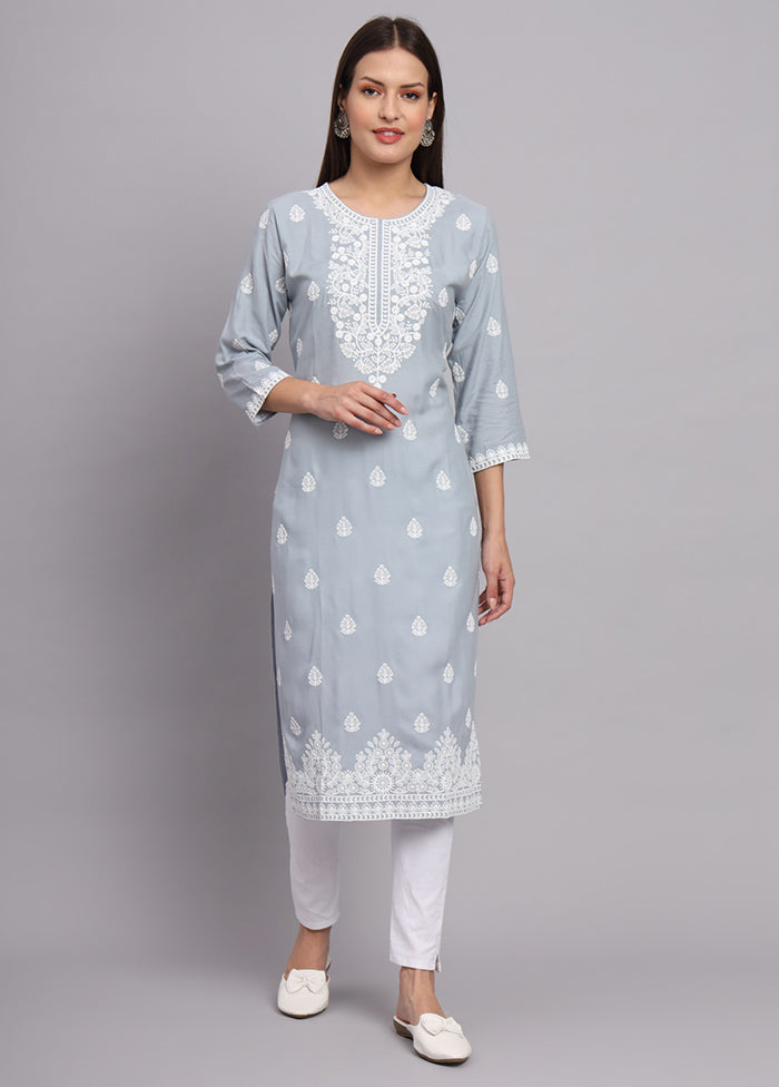 Grey Readymade Rayon Chikankari Kurti - Indian Silk House Agencies