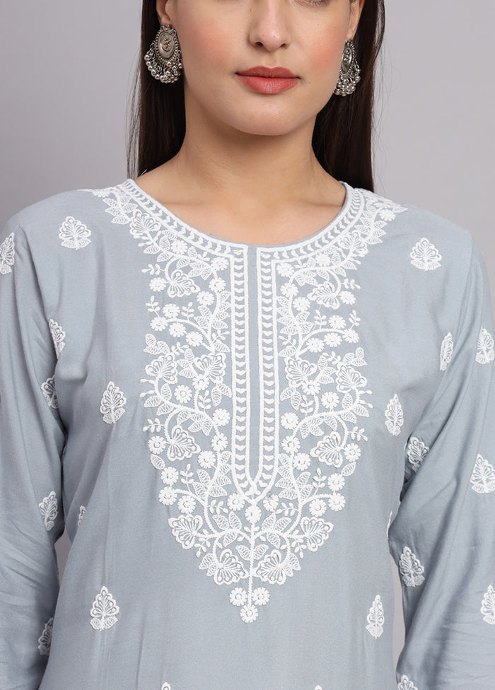 Grey Readymade Rayon Chikankari Kurti - Indian Silk House Agencies