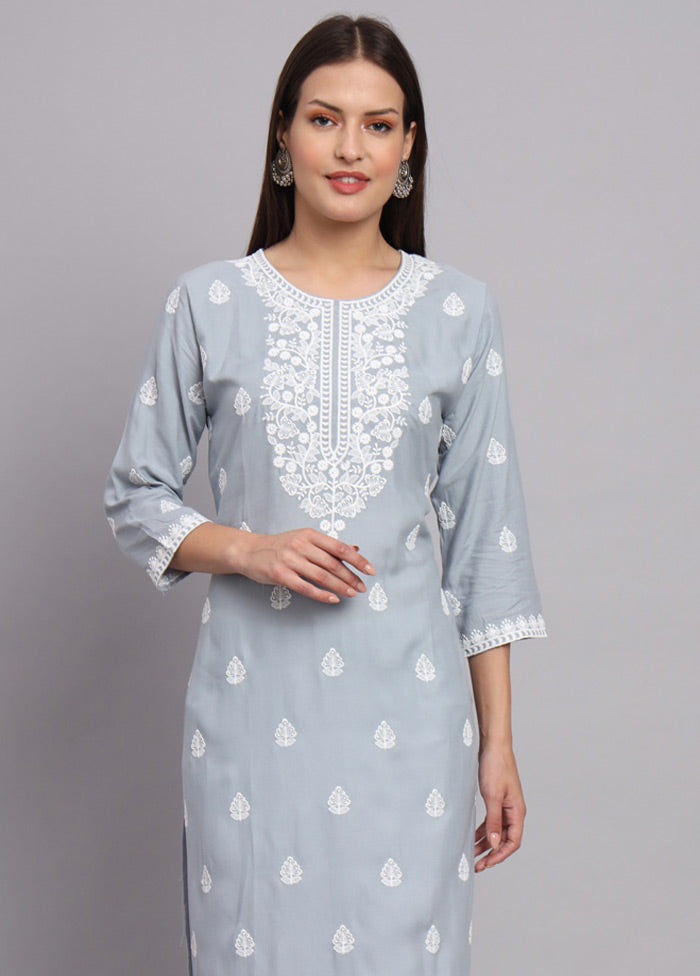 Grey Readymade Rayon Chikankari Kurti - Indian Silk House Agencies