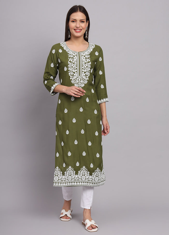 Green Readymade Rayon Chikankari Kurti - Indian Silk House Agencies