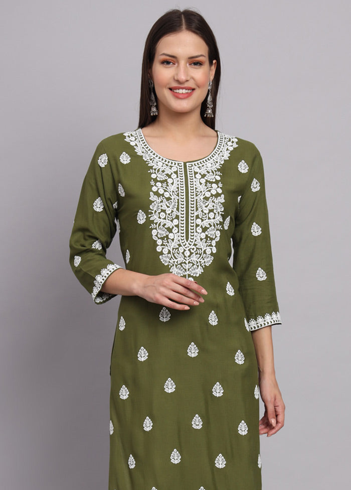 Green Readymade Rayon Chikankari Kurti - Indian Silk House Agencies