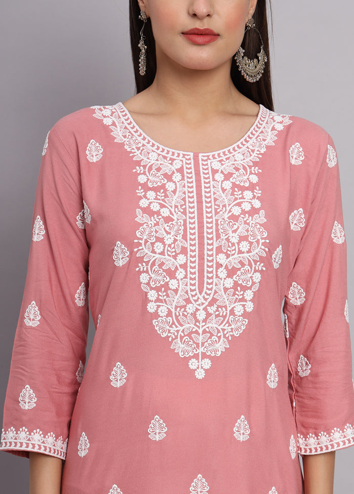 Pink Readymade Rayon Chikankari Kurti - Indian Silk House Agencies