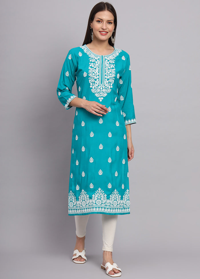 Sky Blue Readymade Rayon Chikankari Kurti - Indian Silk House Agencies