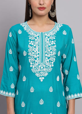 Sky Blue Readymade Rayon Chikankari Kurti - Indian Silk House Agencies