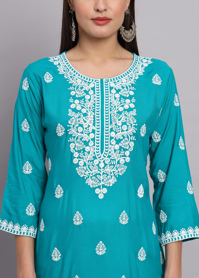 Sky Blue Readymade Rayon Chikankari Kurti - Indian Silk House Agencies