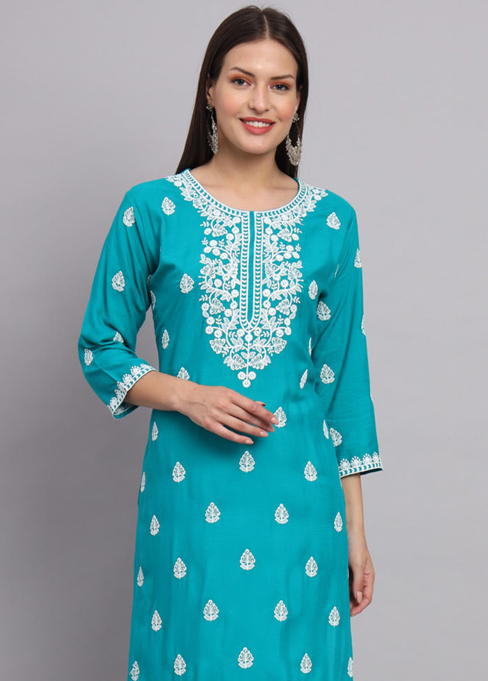 Sky Blue Readymade Rayon Chikankari Kurti - Indian Silk House Agencies